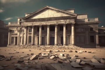 Obraz premium Collapsing financial systems, banking crises, recession, bank runs, interest rates increase, inflation, unemployment, stagnation, bankruptcy, insolvency, image with destroyed bank, generative Ai