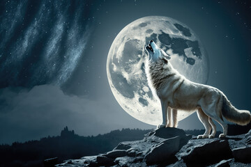 Obraz na płótnie Canvas white wolf howling at the moon, generative AI