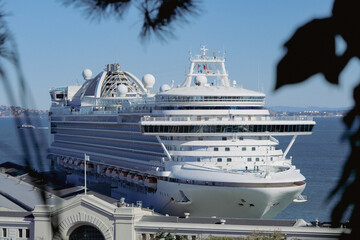 Mega cruiseship cruise ship luxury liner Ruby in port of San Francisco Bay, California at terminal...