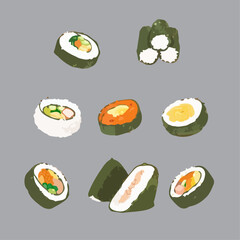 Kimbap (seaweed rice roll). Korean sushi roll. Watercolor hand drawn illustration.