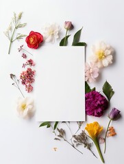 Vertical top view blank card with flowers Abstract organic flowers Blooming floral on white background for invitation card