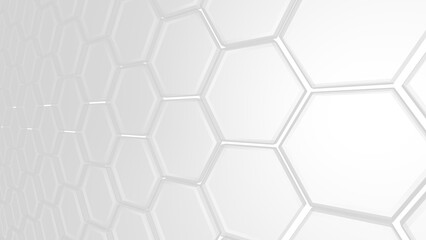 Abstract background with waves made of white futuristic honeycomb mosaic hexagon geometry primitive forms that goes up and down under blue back-lighting. 3D illustration. 3D CG.