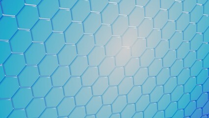 Fototapeta premium Abstract background with waves made of blue futuristic honeycomb mosaic hexagon geometry primitive forms that goes up and down under blue back-lighting. 3D illustration. 3D CG.