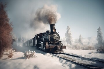 Fototapeta na wymiar An antique locomotive chugs through snowy terrain with a smoking chimney in this digital art. Generative AI