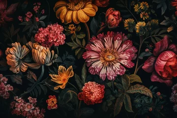 Foto op Canvas Vibrant floral pattern on black canvas. Generative AI © Cybele