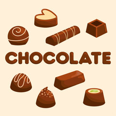 Illustration with chocolate sweets. Set of chocolates. Different chocolate candies.