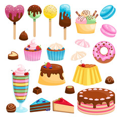 Set of delicious sweets. Vector illustration of chocolates, cakes and ice cream.