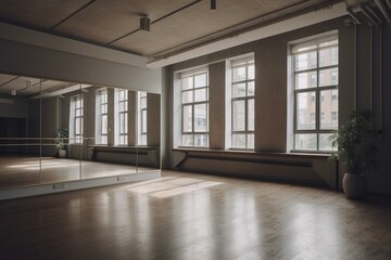 Unoccupied ballet studio; ample room for dancing. Generative AI - obrazy, fototapety, plakaty