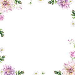 Square watercolor floral frame, border, with dahlias, chrysanthemum, roses, garden flowers, green foliage, chamomiles, post card template, transparent background, botanical clipart and illustration