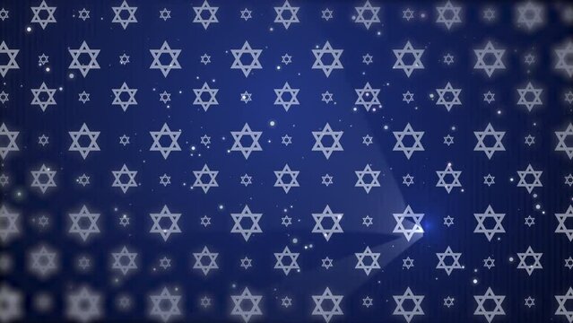 Blue background with jewish symbol star of david. Abstract animation with shining rays on hexagonal figures of Judaism. Looped motion graphics.
