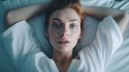 Attractive young woman on bed - AI Photography - obrazy, fototapety, plakaty
