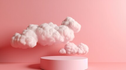 Pink Plinth stage with Clouds. Podium background for Product display. Generative AI.