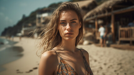 Attractive young woman on beach - AI Photography - obrazy, fototapety, plakaty