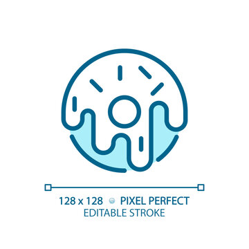 Pastry pixel perfect blue RGB color icon. Tasty donut. Sweet food. Bakery cafe. Baked goods. Delicious confectionery. Isolated vector illustration. Simple filled line drawing. Editable stroke