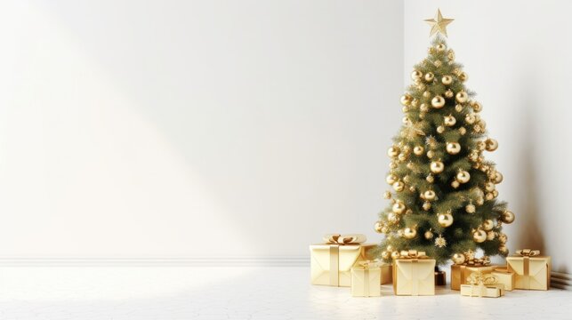 Gold Christmas Tree and Gifts on White background. Holiday concept with copy-space. Generative AI.