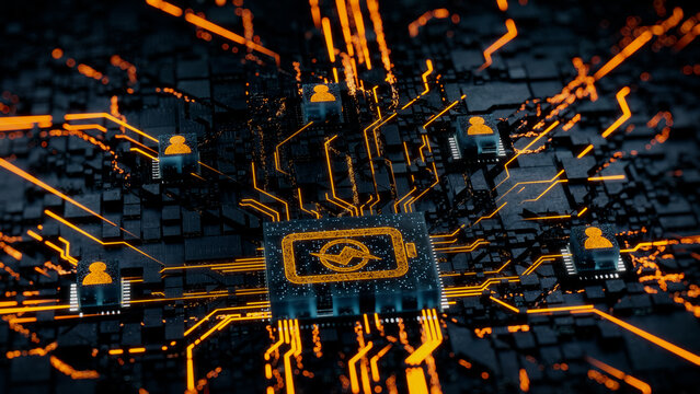 Energy Technology Concept with battery symbol on a Microchip. Orange Neon Data flows between Users and the Battery across a Futuristic Motherboard. 3D render.