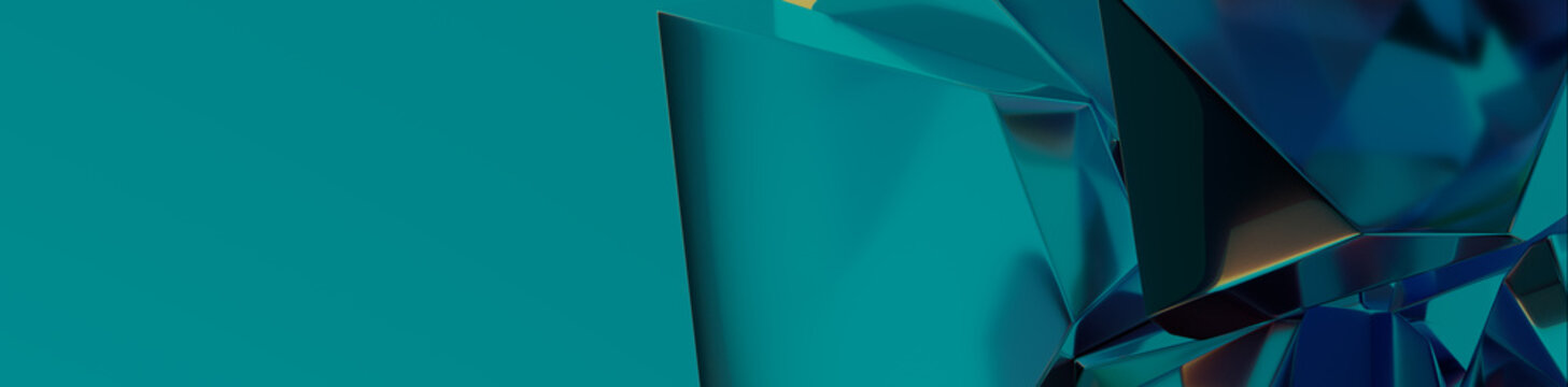Colorful Teal and Blue Glass Pieces form a Futuristic Abstract Banner. Slick 3D Render with copy-space.