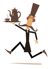 Fototapeta premium Man carries a tray with coffeepot and cup. Running long mustache man in the top hat carries a tray with coffeepot and cup 