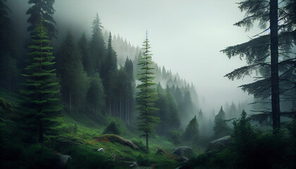 Aerial view of a foggy mountain forests
