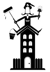 Cute painter holding a brush and a bucket of paint sitting on the roof. Black on white background