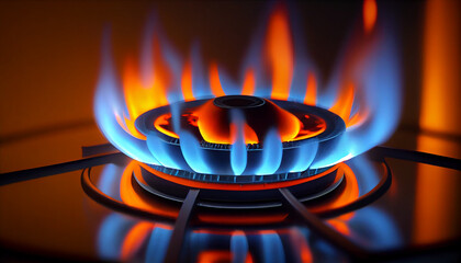 gas oven orange tongues of blue flame . Creative illustration.