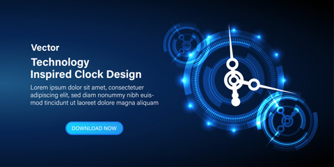 Technology-inspired clock design. Futuristic technology background with a clock concept and a time machine. Rotatable clock hands, with dynamic visual effect. Vector.