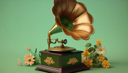 Gramophone with flowers, vintage retro music player, vinyl record,