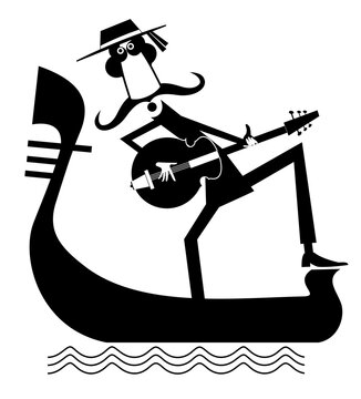 recommend clip art: Man with guitar and gondola illustration. 
                    Funny gondolier with long mustaches rides on gondola playing guitar and singing. Black and white
                    