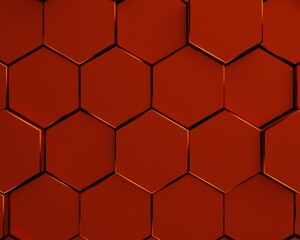 Abstract background with waves made of metallic orange gradation futuristic honeycomb mosaic hexagon geometry primitive forms that goes up and down under blue back-lighting. 3D illustration. 3D CG.