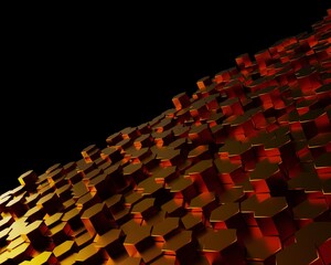 Abstract background with waves made of metallic orange gradation futuristic honeycomb mosaic hexagon geometry primitive forms that goes up and down under blue back-lighting. 3D illustration. 3D CG.