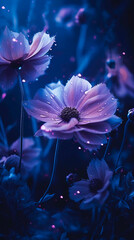 Magic flowers with sparkles. Blue and purple futuristic glowing background for social media stories