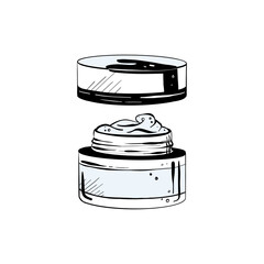 Vector illustration of jar of face cream on white background. Black outline of open container with lid, graphic drawing. For postcards, design and composition decoration, prints, posters, stickers