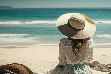 Fototapeta na wymiar Woman in Hat Sitting at Beach - Generative AI