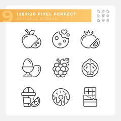 Food shopping pixel perfect linear icons set. Meal planning. Retail store. Supermarket. Grocery list. Customizable thin line symbols. Isolated vector outline illustrations. Editable stroke