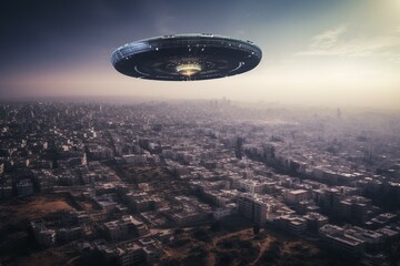 Extraterrestrial craft hovering above advanced extraterrestrial metropolis. Generative AI