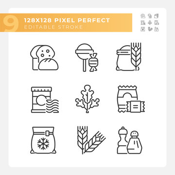 Supermarket products pixel perfect linear icons set. Grocery store food. Shopping cart. Daily necessities. Customizable thin line symbols. Isolated vector outline illustrations. Editable stroke