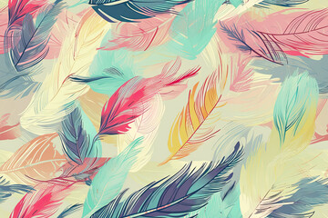 Seamless background, boho-style pattern with pastel-colored watercolor feathers.Generative AI illustration. Repeat the texture of the print on the fabric wallpaper.