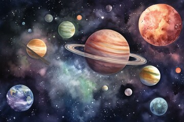 Obraz na płótnie Canvas Bright watercolor cartoons of planets, stars, comets, and galaxies. Generative AI