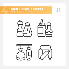 Barbecue food pixel perfect linear icons set. Meat market. Grilling season. Deli counter. Sausage category. Customizable thin line symbols. Isolated vector outline illustrations. Editable stroke