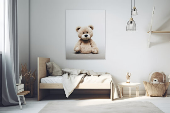 a child's room with white bedding, a bed, and teddy bear, Generative AI