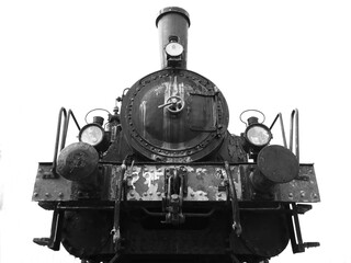 Vecchio treno in bianco e nero solo frontale in prospettiva