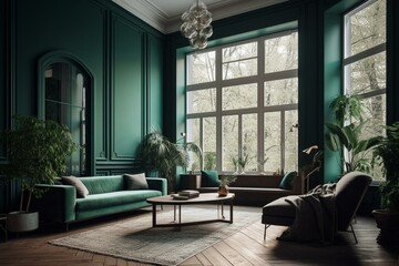 Contemporary chic green flat w/ high ceiling & ample window. Generative AI