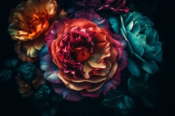 Vivid floral wallpaper in a multicolored rose design. Generative AI