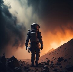 Astronaut exploring on Mars, heavy fog, dimly lit, Generative AI