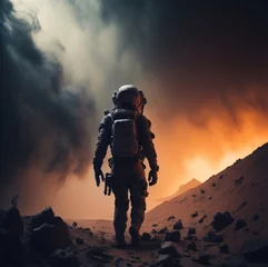 Tuinposter Astronaut exploring on Mars, heavy fog, dimly lit, Generative AI © PNG&Background Image