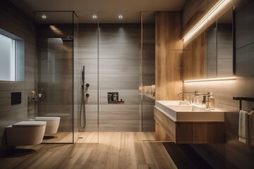 Bathroom with wooden floor and shower. Generative AI