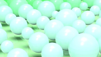 Random size many green balls that are arranged under white-brown lighting background. Conceptual 3D CG of blockchain, financial system and personal data analysis.