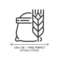 Flour pixel perfect linear icon. Bag of wheat. Cooking bread. Baking ingredient. Raw agricultural product. Thin line illustration. Contour symbol. Vector outline drawing. Editable stroke