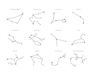 Set of twelve zodiac constellations, black horoscope signs, stellar bodies. Capricorn, Aquarius, Taurus, Aries, Gemini, Cancer constellations of stars, astrological symbols vector illustration