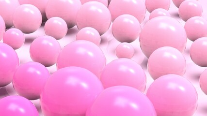 Fototapeta na wymiar Random size many pink balls that are arranged under white lighting background. Conceptual 3D CG of blockchain, financial system and personal data analysis.